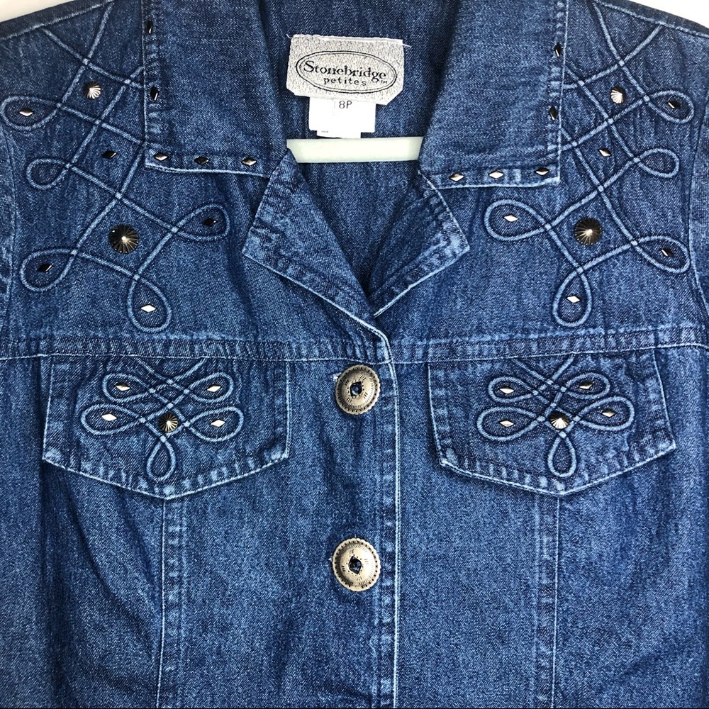 STONEBRIDGE PETITES denim metallic studs top 8P - Picture 8 of 15